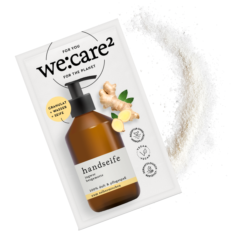 liegendes we:care² Sachet mit Seifenpulver Ingwer-Bergamotte