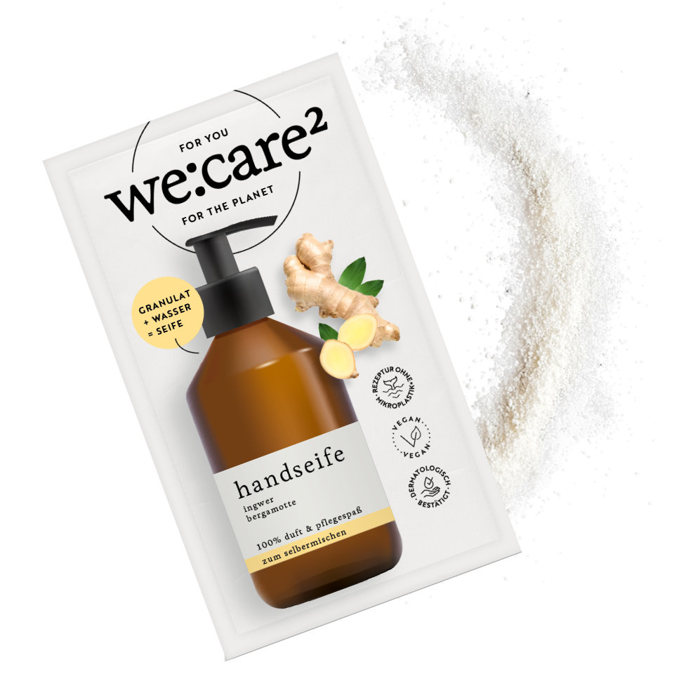 liegendes we:care² Sachet mit Seifenpulver Ingwer-Bergamotte
