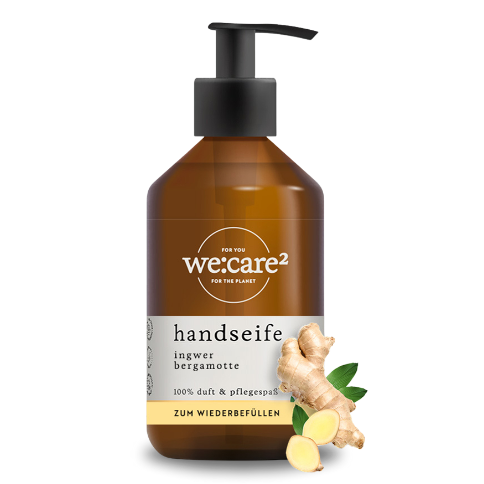 befüllte Flasche Handseife we:care² Ingwer-Bergamotte