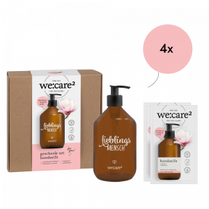 B2B geschenk-set mit bedruckter Lieblingsmensch-Flasche aus Glas und seifenpulver im Duft von Magnolie und Sandelholz