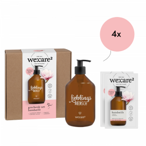 B2B geschenk-set mit bedruckter Lieblingsmensch-Flasche aus Glas und seifenpulver im Duft von Magnolie und Sandelholz