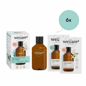B2B duschgel set im Duft von Aqua Marine und Jasmin und grünem Tee mit bedruckter we:care² Flasche